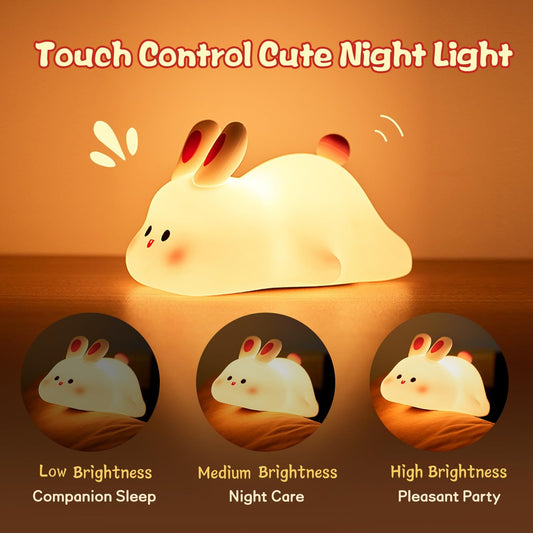 Cute LED Night Light Touch Sensor Cartoon Kid's Nightlights Big Face Rabbit Silicone