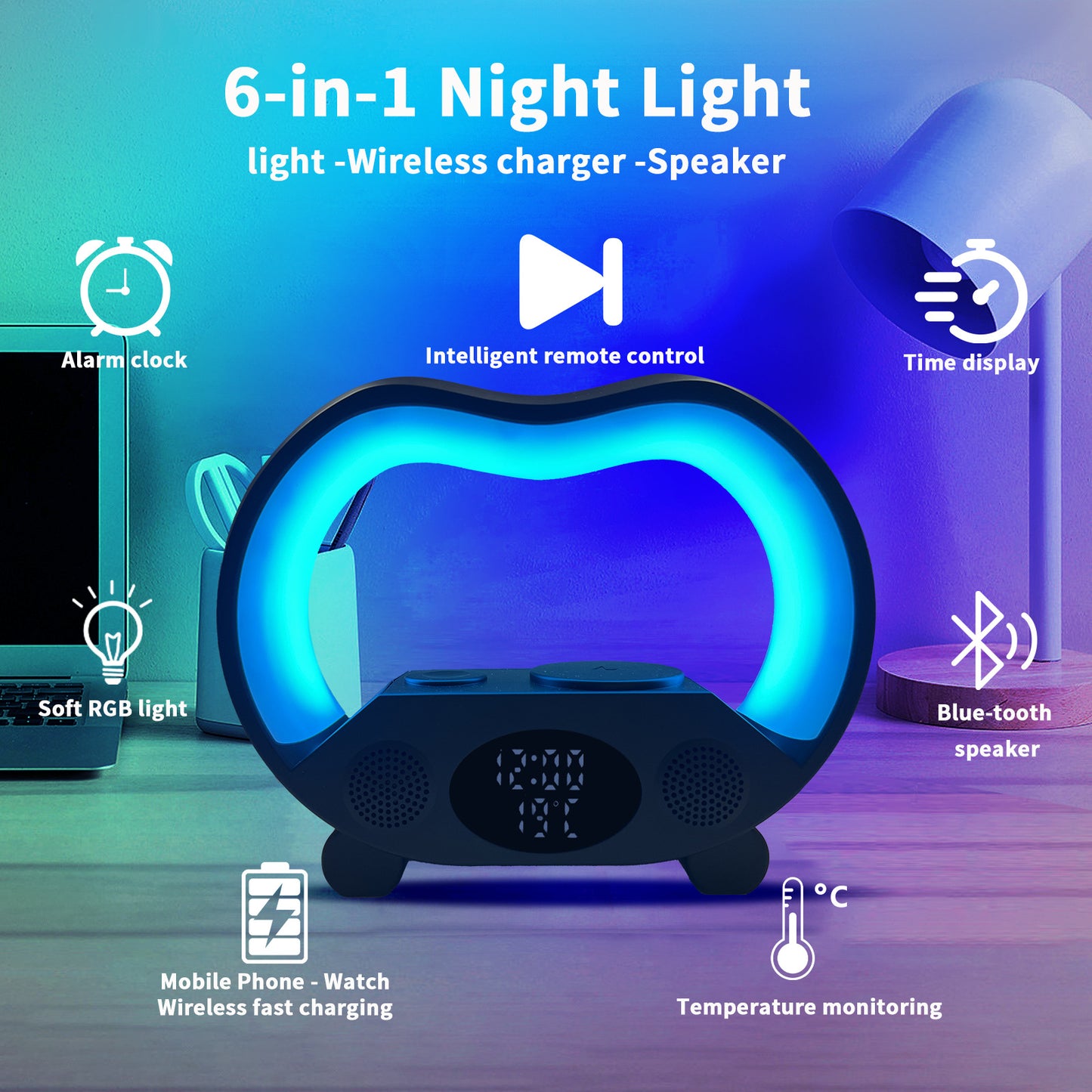 6 In 1 Smart Remote Control Bluetooth Ambience Intelligent LED Table Lamp and Bluetooth Speaker